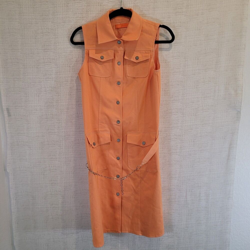 Cynthia Steffe Button Down Shirt Dress Womens Medium Orange Belt Pocket Metro